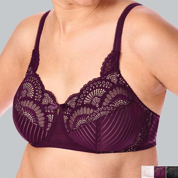 Front of the dark berry/sand Amoena Karolina soft wireless bra showing the lace upper cup and hide and seek mesh lower cup.