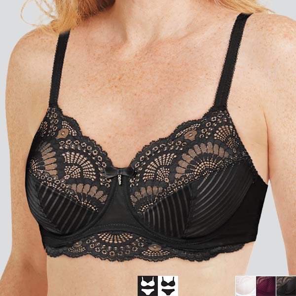 Front of the black/sand Amoena Karolina soft underwire bra showing the lower cleavage, narrower underarm and straps.