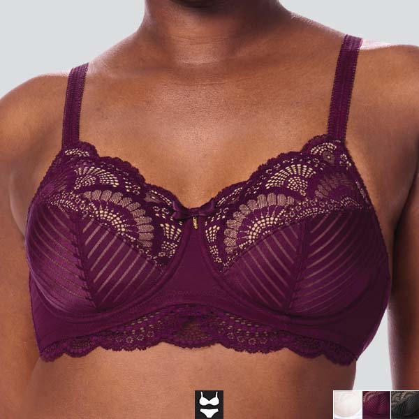 Front of the dark berry/sand Amoena Karolina soft underwire bra showing the lace upper cup and hide and seek mesh lower cup.