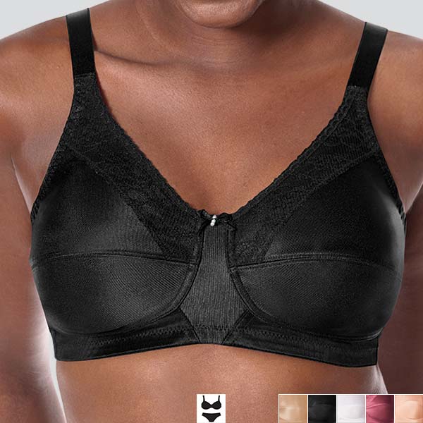 Front of the black Amoena Nancy soft wireless bra showing the narrower straps and narrower underbust band.