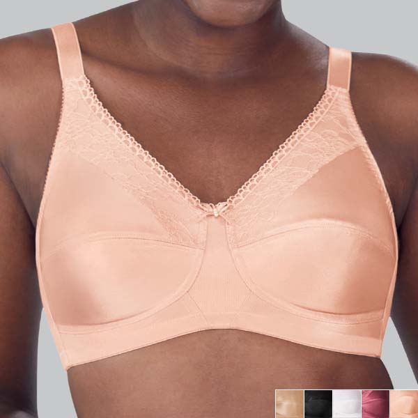 Front of the blush Amoena Nancy soft wireless bra showing how the cup covers the upper breast and creates more projection.