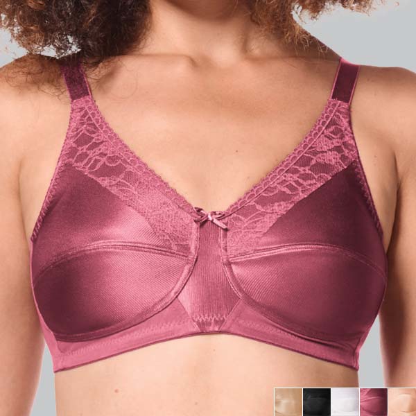 Front of the dark-rouge Amoena Nancy soft wireless bra showing the lace to the upper cup and horizontal cup seam.
