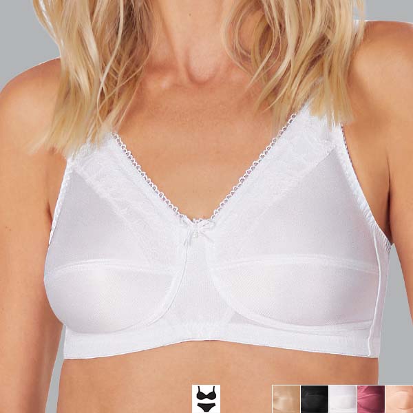 Front of the white Amoena Nancy soft wireless bra showing the lace to the upper cup and upper breast cover.