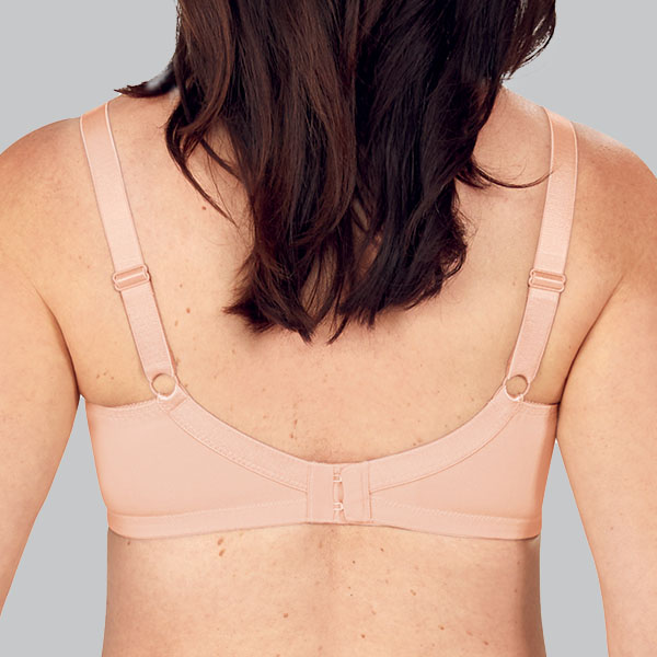 Back of the Amoena Nancy front fastening soft wireless bra showing the narrower band and straps.