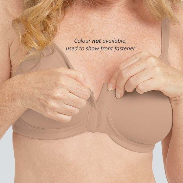 Front close-up view of the Amoena Nancy front fastening soft wireless bra showing the fastener being done up.