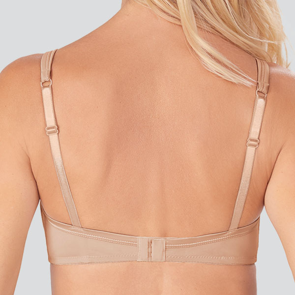 Back of the sand Amoena Lara Satin padded wireless bra showing narrower band and straps.