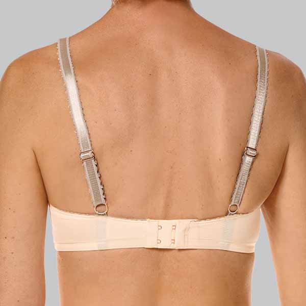 Back of the Amoena Alina soft wireless mastectomy bra a showing the narrower straight band and straps.