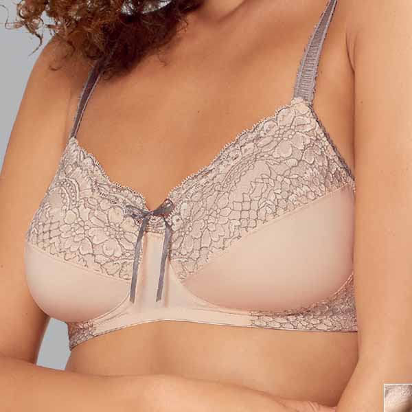 Front of the Amoena Alina soft wireless mastectomy bra a showing the neckline lace tied down to create a lower cleavage.