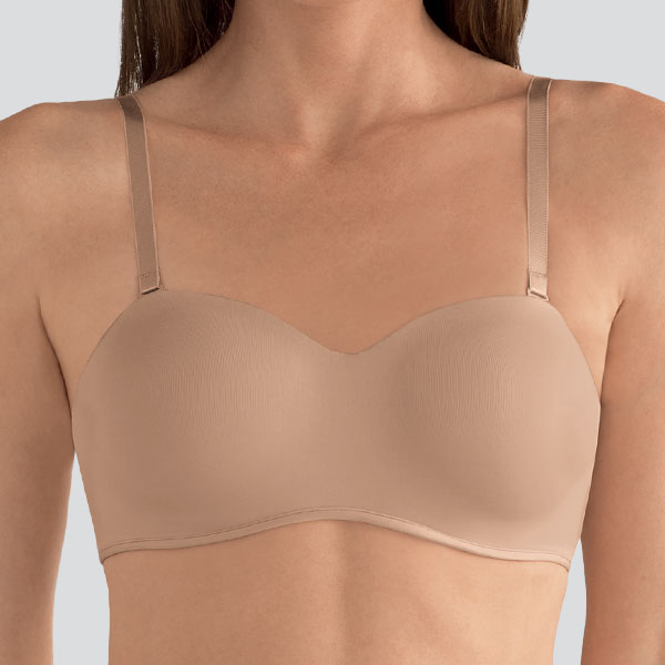 Front of the Amoena Barbara strapless underwire bra showing the material narrower clip-on straps worn vertically.