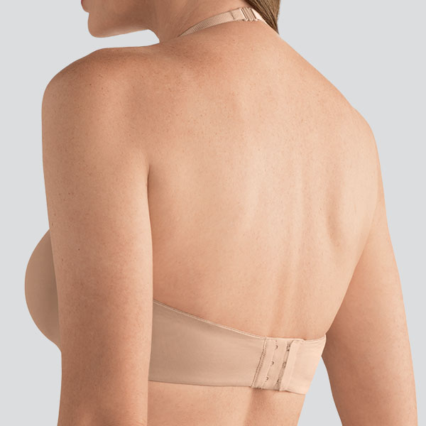 Back of the Amoena Barbara strapless underwire bra showing the clip-on material straps worn in a halter neck configuration.