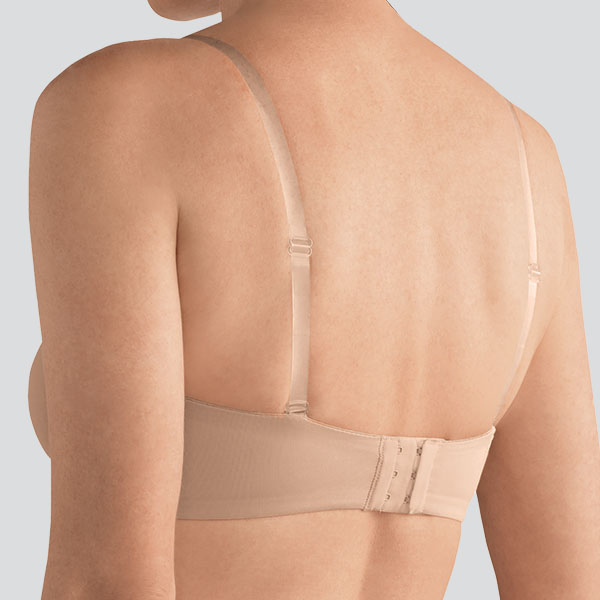 Back of the Amoena Barbara strapless underwire bra showing the clip-on transparent silicone straps worn vertically.