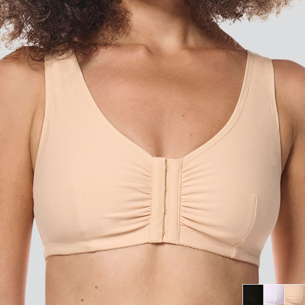 Front of the sand Amoena Frances Front Fastening soft wireless bra showing narrower band, and medium cleavage and straps.
