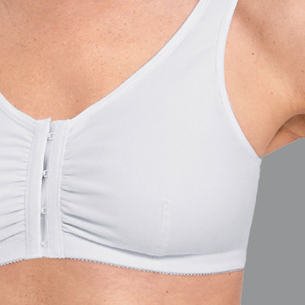 Close-up of the Amoena Frances Front Fastening soft wireless bra showing the higher underarm.