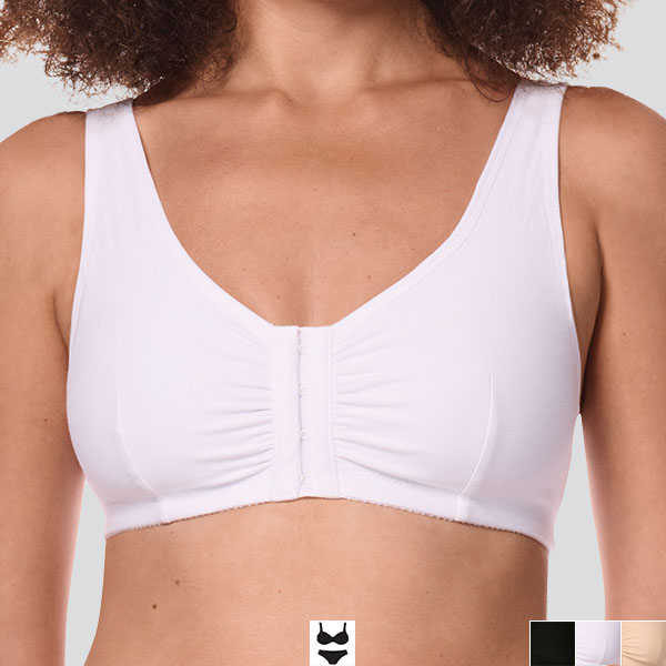 Front of the white Amoena Frances Front Fastening soft wireless bra showing the medium cleavage and medium width straps.