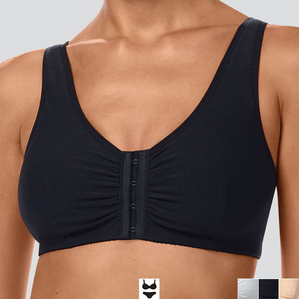 Front of the black Amoena Fleur Front Fastening soft wireless bra showing the medium cleavage and medium padded straps.