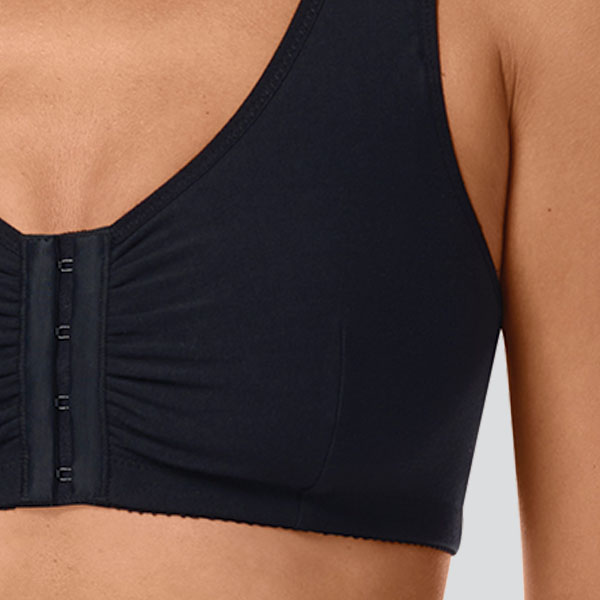 Close-up of the Amoena Fleur Front Fastening soft wireless bra showing the higher underarm.