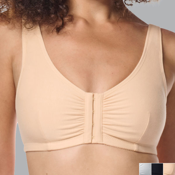 Front of the sand Amoena Fleur Front Fastening soft wireless bra showing narrower band, and medium cleavage and straps.