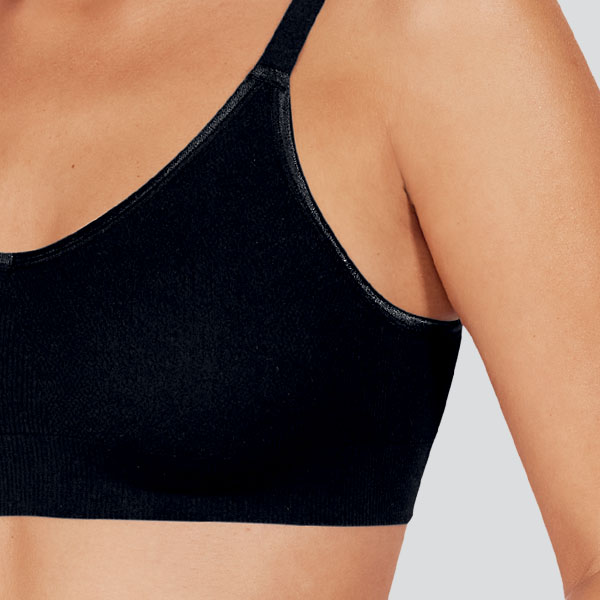 Close-up perspective view of the Amoena Eliza soft wireless bra showing the lower height underarm.