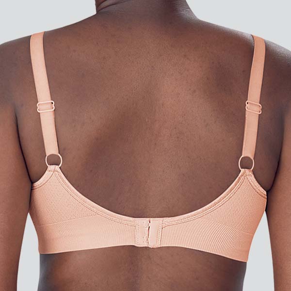 Back of the Amoena Eliza soft wireless bra showing the slightly U-shaped back band and narrower straps.