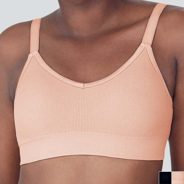 Front of the blush Amoena Eliza soft wireless bra showing the seamless knit fabric pattern and smooth edge seams.