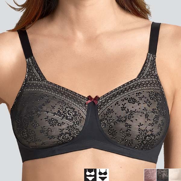 Front of the black Anita Fleur soft wireless bra showing the floral lace lined with a fine off-white mesh.