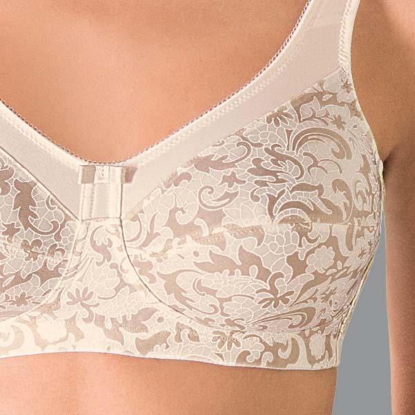 Front close-up of the Anita Ancona soft wireless bra showing the lace print fabric and upper cup and strap lace ribbon.