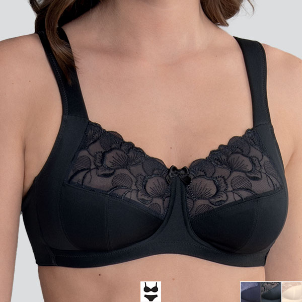 Front of the black Anita Lucia soft wireless bra showing medium cleavage, wider straps, and curved, narrow underbust band.