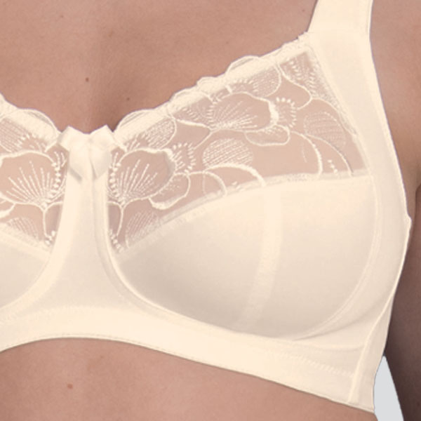 Close-up of the Anita Lucia soft wireless bra showing the breast separation, upper cup embroidery with an elasticised edge.