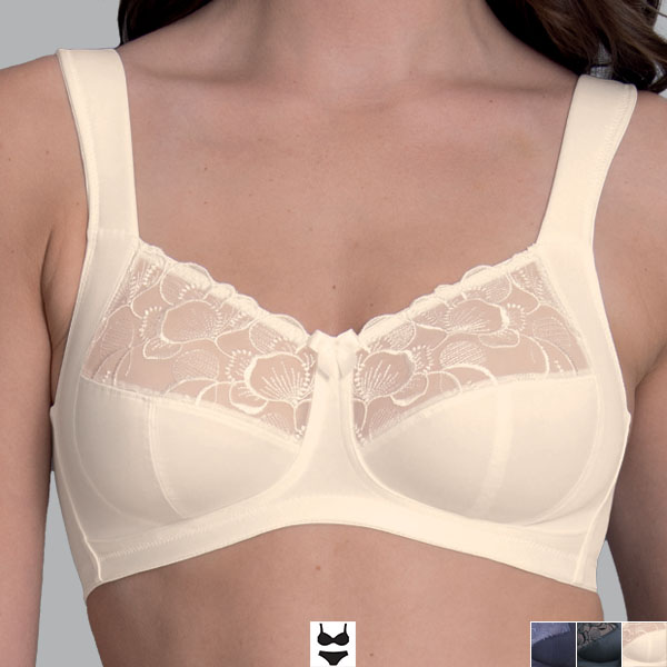 Front of the crystal Anita Lucia soft wireless bra showing the breast separation created by the cross-over underbust band.