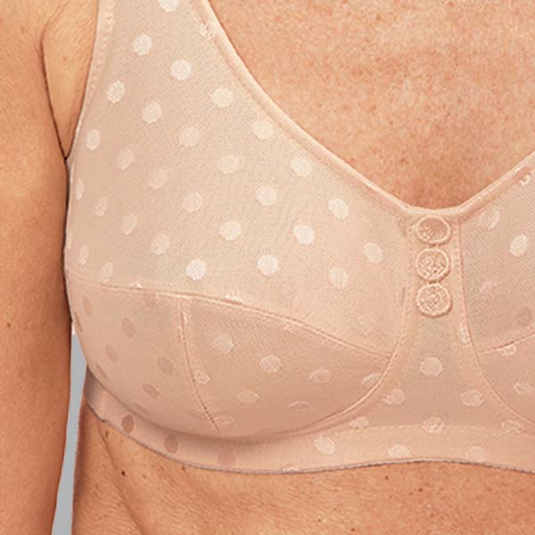 Close-up of the Anita Airita soft wireless bra showing the 3-section cup, tone-on-tone fabric, and cleavage embroidery.