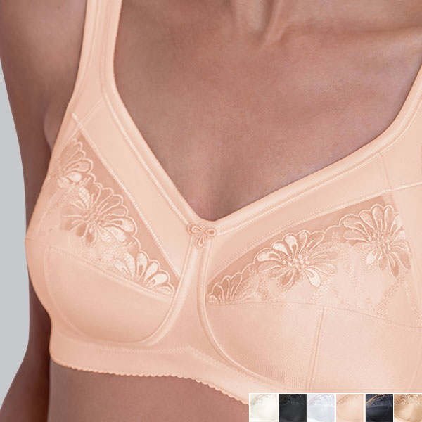 Front perspective view of the biscuit Anita Safina soft wireless bra showing cleavage and 2/3 lined upper cup embroidery.