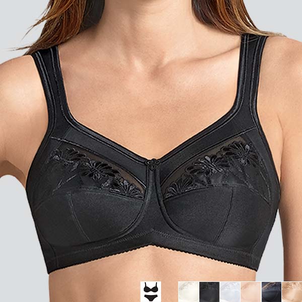 Front of the black Anita Safina soft wireless bra showing the wider padded straps and slightly V-shaped cleavage and band.