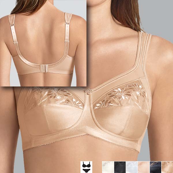 Front of the sand Anita Safina soft wireless bra with a back view show the narrow back band in the top left corner.