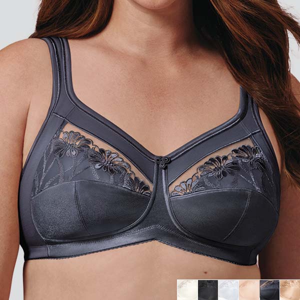 Front of the shadow-blue Anita Safina soft wireless bra showing the upper cup embroidery is 2/3 lined.