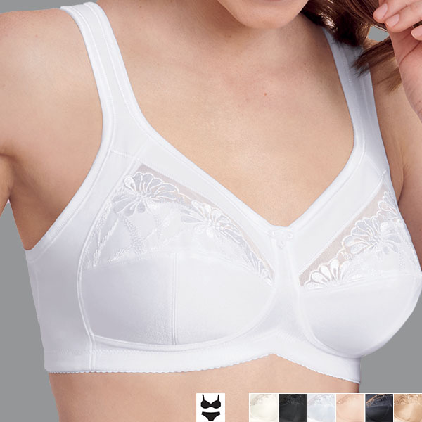 Front of the white Anita Safina soft wireless bra showing the medium underarm, and how the cup lifts and separates the breasts.