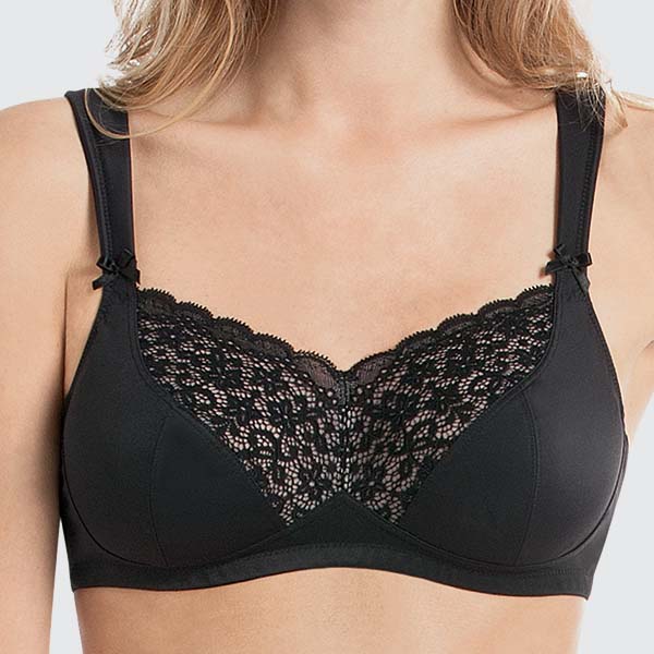 Front of the black Anita Havanna soft wireless bra showing the floral lace with a scalloped edge at the neckline.