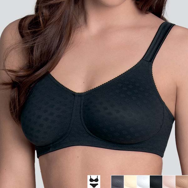 Front perspective of the black Anita Lisa soft wireless bra showing the tapering medium height underarm band.