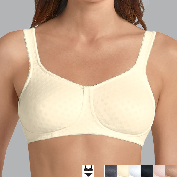 Front of the champagne Anita Lisa soft wireless bra showing the medium cleavage, narrow band and medium width straps
