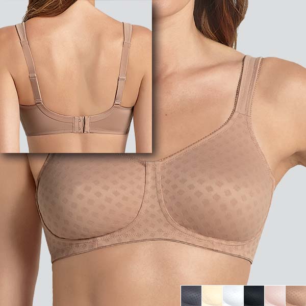 Front of the praline Anita Lisa soft wireless bra with a back view of the top lefthand corner to show the narrower band.