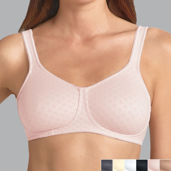 Front of the soft rose Anita Lisa soft wireless bra showing the more curved neckline and seamless moulded cups.