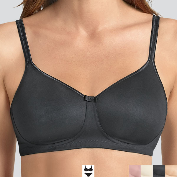 Front of the black Anita Tonya padded wireless bra showing the lower cleavage, narrower underbust band and straps.