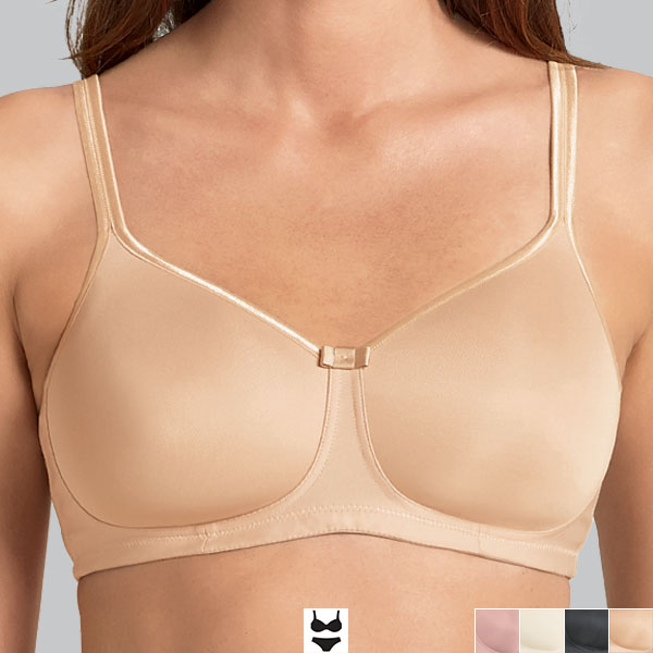 Front of the sand Anita Tonya padded wireless bra showing the soft edging to the cup, band and straps, and centre fabric bow.
