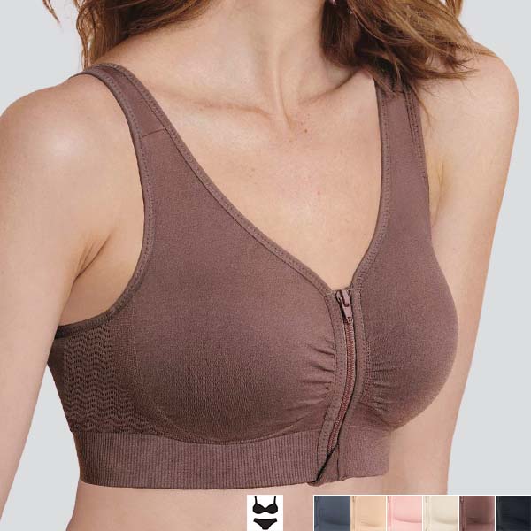 Side perspective of the berry Anita Lynn front fastening padded wireless bra showing higher underarm and wide band.