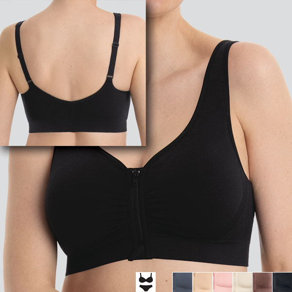 Front of the black Anita Lynn front fastening padded wireless bra with a back view in the top left corner.