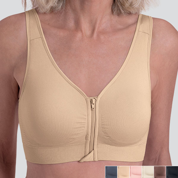 Front of the desert Anita Lynn front fastening padded wireless bra showing rounded V-neckline, wider front strap and zip.