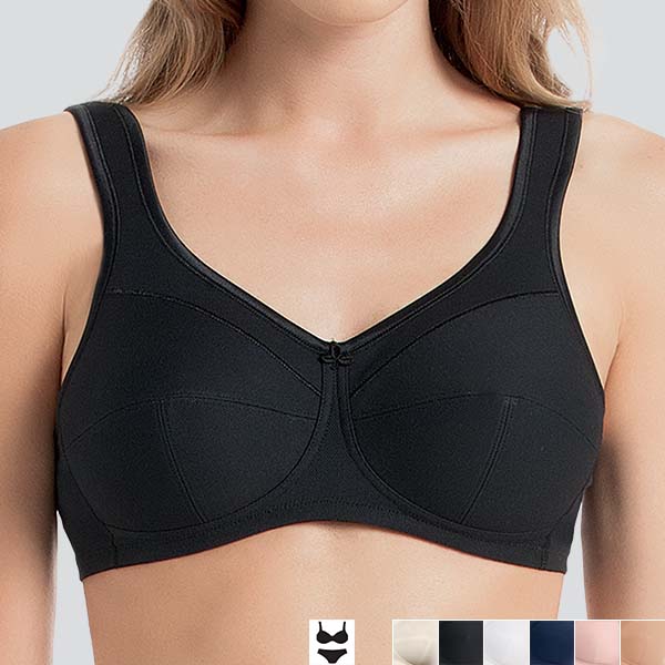 Front of the black Anita Jana soft wireless bra showing the slightly V-shaped, curved neckline and wider padded straps.