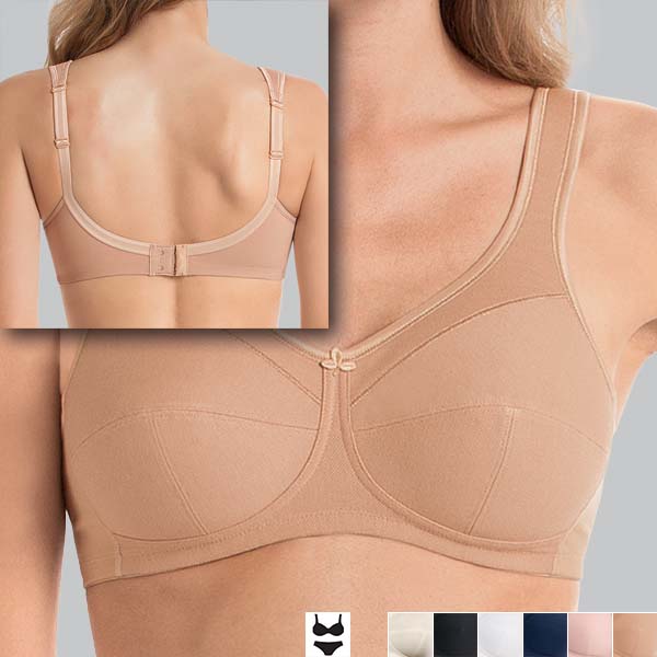 Front of the deep-sand Anita Jana soft wireless bra with a back view of the top lefthand corner to show the narrower band.