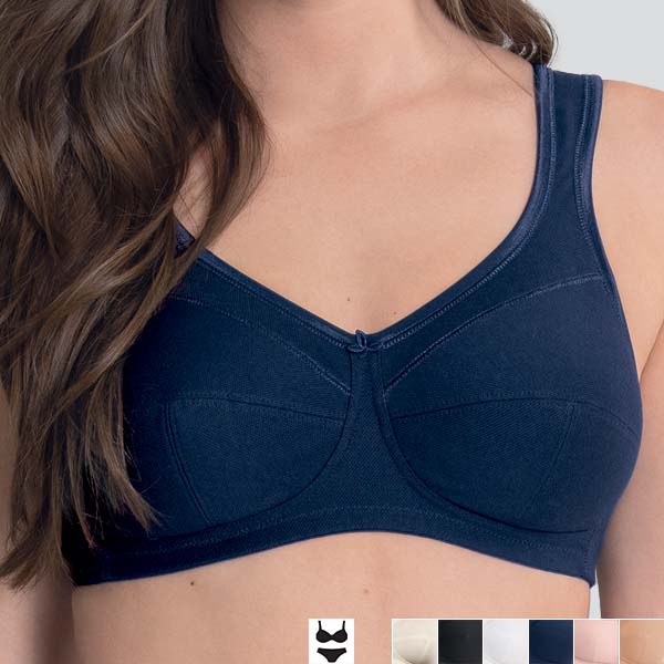 Front of the maritime-blue Anita Jana soft wireless bra showing the curved V-shape medium height neckline.