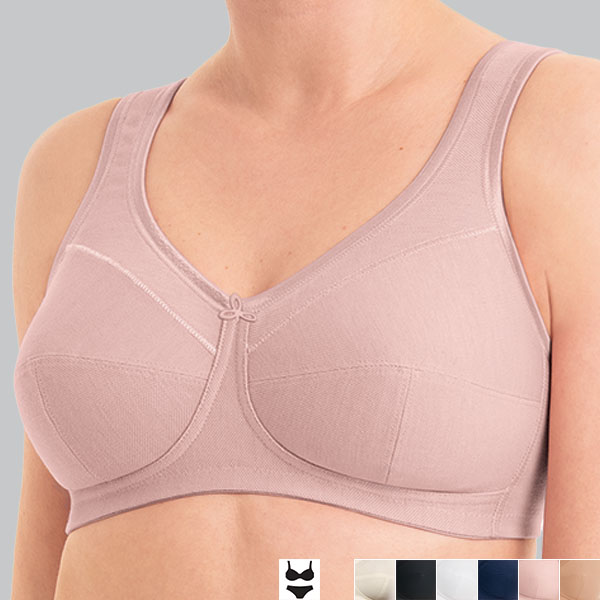 Front perspective view of the rosewood Anita Jana soft wireless bra showing to band cup detail and medium height underarm.