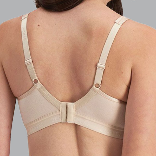 Back of the Y130W Post Surgery Bra showing the lower curved back band, and sliding adjustment buckle on the straps.